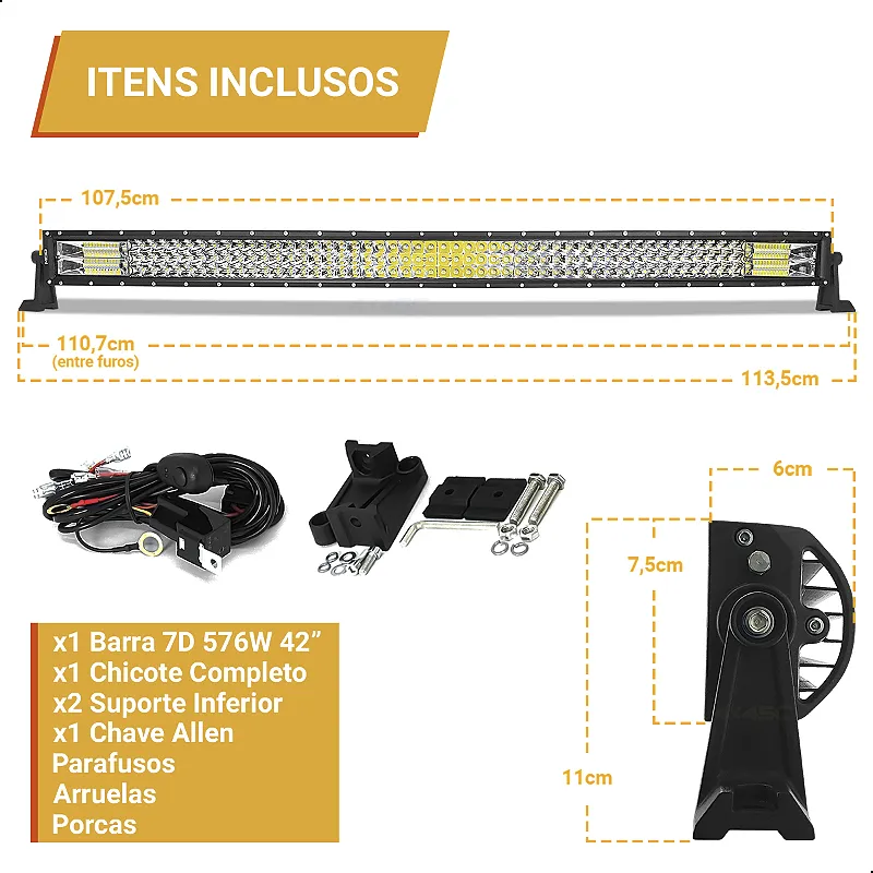Barra de LED 42 Pol 113cm 7D 576W 51840Lm Lente Spot 30º Flood