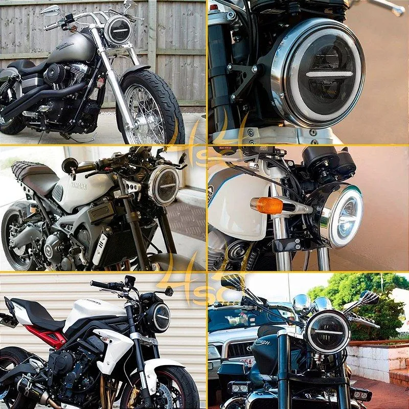 Farol 7 Pol LED 60W Angel Eyes e Seta - Linha - Moto + Suporte