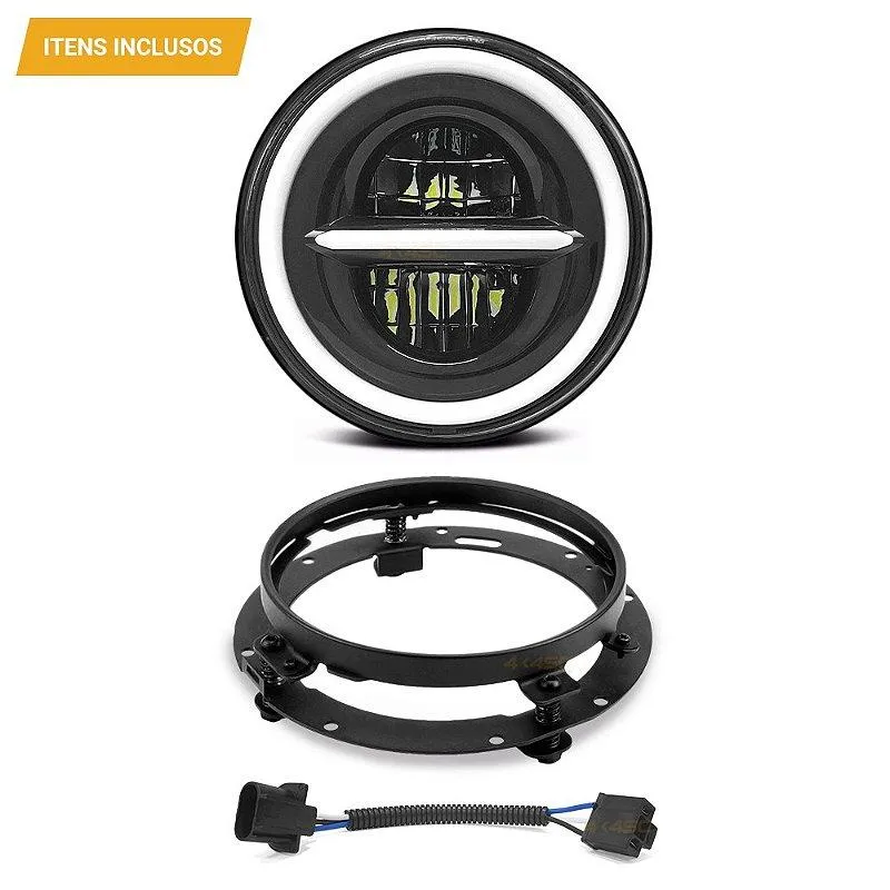 Farol 7 Pol LED 60W Angel Eyes e Seta - Linha - Moto + Suporte