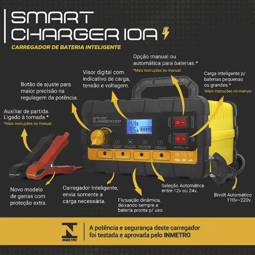 Carregador de Bateria Automotivo Smart Charger 10A Digital 12V e 24V - Bi-Volt Auto 110~220V