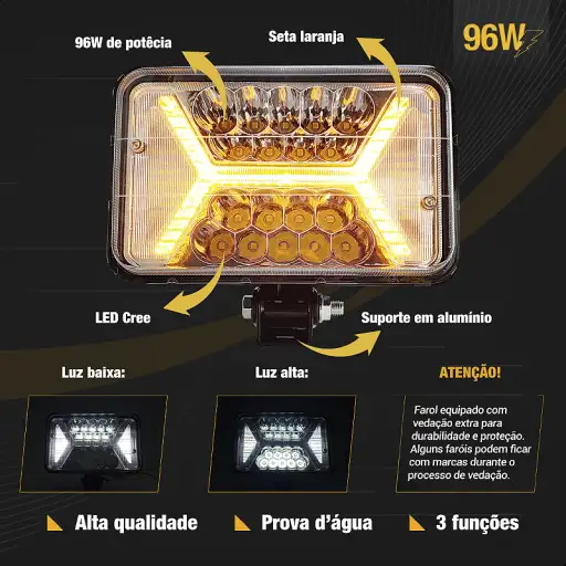 Farol LED Universal 4x6 Pol 96w Retangular Com Seta Laranja X - Und