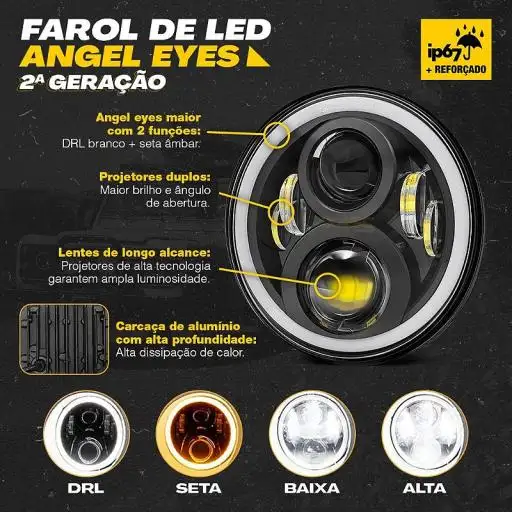 Farol 7 Pol LED 60W Angel Eyes e Seta - 2ª Geração + Suporte Universal - Par