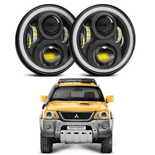 Kit Farol LED 7 Polegadas 60w Angel Eyes e Seta 2a Ger + Suporte Para Mitsubishi L200, Pajero TR4, Sport