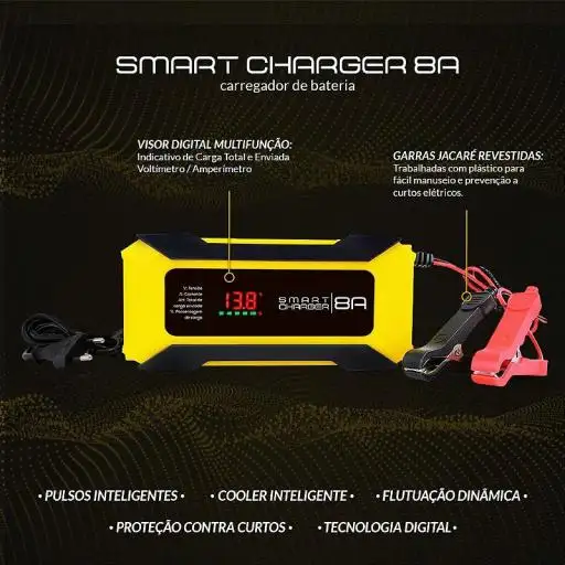 Carregador de Bateria Automotivo Smart Charger 8A Inteligente - Bivolt - 12V