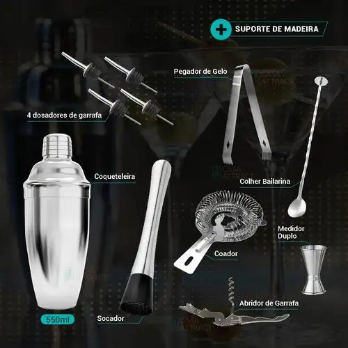  Kit Bar Coqueteleira + Socador Inox 550ml Barman Caipirinha(Copia)